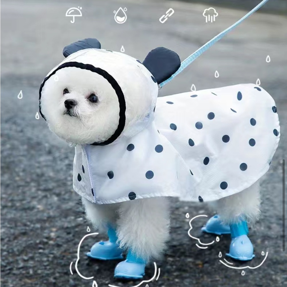 NWT Waterproof Polka Dot Dog Raincoat with Hood - White & Black